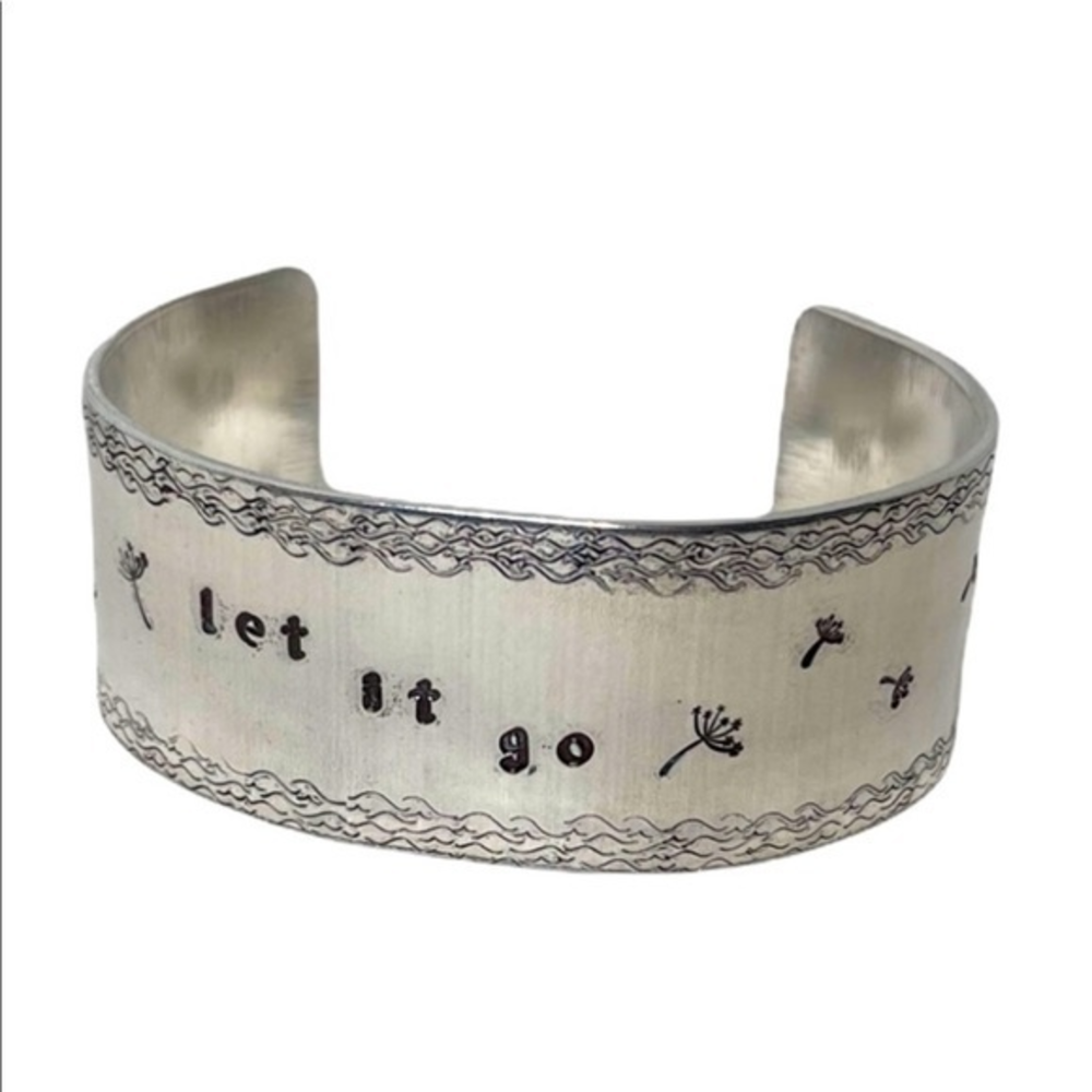Handmade stamped silver Let it Be Dandelion border‎ adjustable cuff bracelet